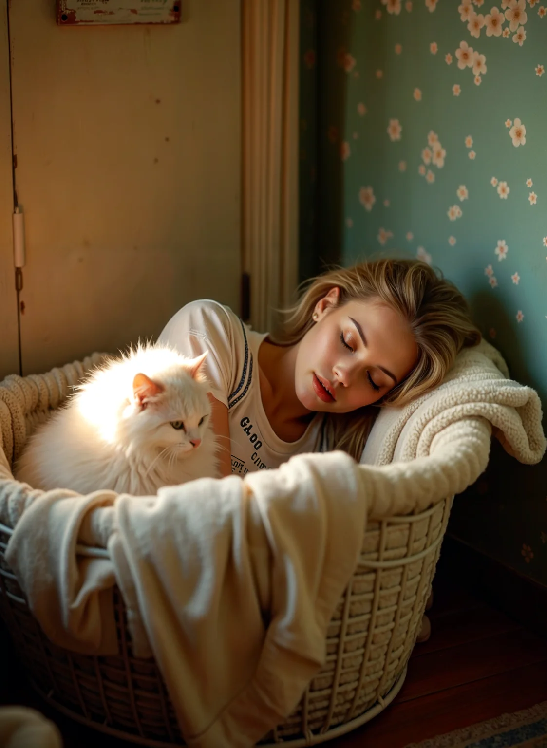This photograph captures a young woman lying in a white laundry basket with a fluffy white blanket. She is wearing a white tank top and has blonde hair. The woman is resting her head on the basket and is looking down at a white cat that is lying next to her. The cat is orange and white and is snuggled up against the woman's chest. The background shows a window with pink and green floral wallpaper and a door. The overall mood of the image is peaceful and serene. The overall mood of the image is peaceful and serene. <lora:add-detail-xl:.5> <lora:Flux-style-xl-lora:.5>