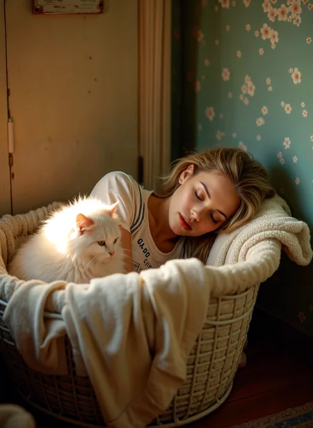 This photograph captures a young woman lying in a white laundry basket with a fluffy white blanket. She is wearing a white tank top and has blonde hair. The woman is resting her head on the basket and is looking down at a white cat that is lying next to her. The cat is orange and white and is snuggled up against the woman's chest. The background shows a window with pink and green floral wallpaper and a door. The overall mood of the image is peaceful and serene. The overall mood of the image is peaceful and serene. <lora:add-detail-xl:.5> <lora:Flux-style-xl-lora:.5>
