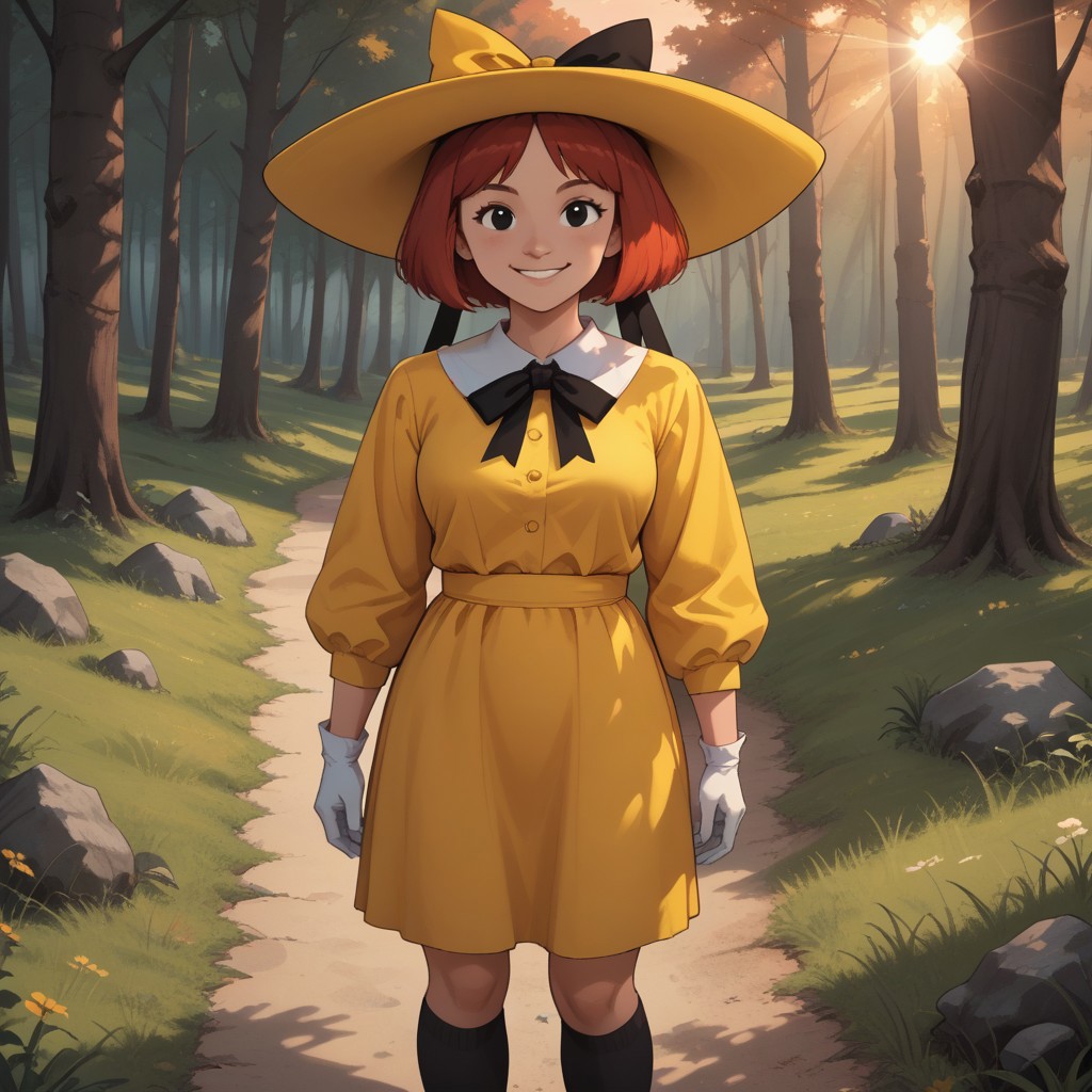 score_9, score_8, BREAK, solo, Madeline_Fogg, 1girl, solo, cute, black eyes, yellow hat with a black hair bow, yellow school dress, white gloves, red hair, socks, black shoes, self portrait, smile, looking at viewer, outdoors, sunlight, shadows, evening lighting, natural lighting, forest, trees, grass, orange sky, sunset