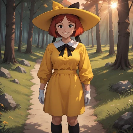 score_9, score_8, BREAK, solo, Madeline_Fogg, 1girl, solo, cute, black eyes, yellow hat with a black hair bow, yellow school dress, white gloves, red hair, socks, black shoes, self portrait, smile, looking at viewer, outdoors, sunlight, shadows, evening lighting, natural lighting, forest, trees, grass, orange sky, sunset
