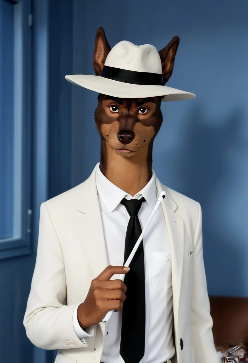 score_9, score_8_up, score_7_up, score_6_up, score_5_up, score_4_up, photorealistic, realistic, masterpiece), furry male, detailed face, detailed eyes, detailed hair, detailed fur, solo, WB_SketchV1
BREAK
Martin_Torque, Doberman, Anthro Dog, Brown Fur, Tan Markings, black eyes, black nose, white suit, white shirt, black tie, hat, fedora, white fedora, white pants, footpaws
BREAK
<lora:add-detail-xl:1.5>