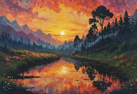 a valley of blossoming trees, beautiful sunset, small pond in the center, Volumetric lighting, <lora:Dreamyvibes artstyle SDXL - Trigger with dreamyvibes artstyle:0.7> Dreamyvibes Artstyle