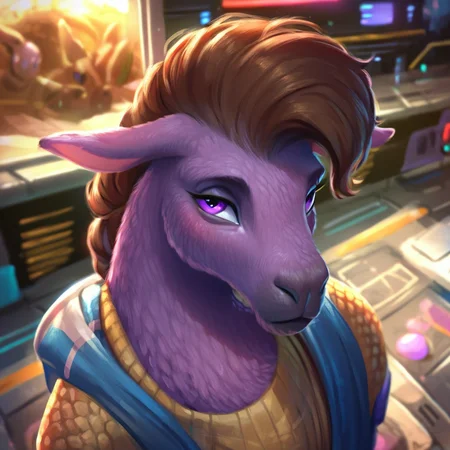 <lora:Biformis_Style_PonySDXL:0.8> by biformis, biformis,  score_9, score_8_up, score_7_up, score_6_up, score_5_up, score_4_up, source_furry,  llama, brown hair, purple eyes, purple body, clothed, clothing, detailed background, on an alien planet, high-angle view, male, rating_safe,