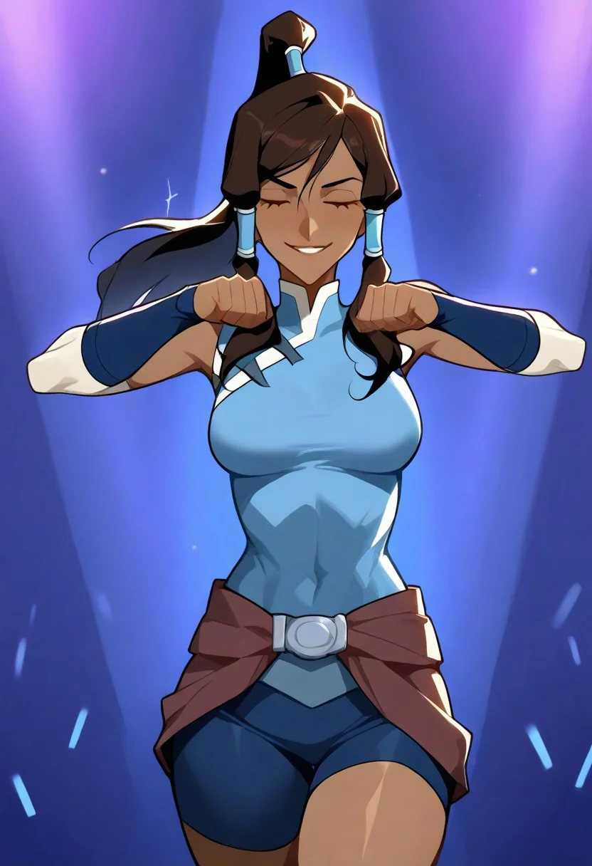 4RCH0N, Jabstyle, Expressiveh, Score_9, score_8_up, score_7_up, score_6_up, dynamic pose, KOrra, ,1 young woman, solo, femenine, blue eyes, brown eyelashes, brown hair, long hair, ponytail, dark skin, dark-skinned female, hair tubes, topknot,, tiny waist, perfect waist to hip ratio, flat stomach, eyesHD, detailed eyes, orgasmic look, smile, female focus, perfect face, perfect anatomy, perfect legs, detailed eyes, high definition eyes, most erotic picture in the world, medium breasts, firm breasts, (intricate detailing:1.6 faces & eyes & ears & nose & lips & skin & curves & shapes & body parts & anatomy),(wearing: bodysuit, red gloves, belt,knee boots), sexy, (seductive-pose:1.4), <lora:shikairo-days-dance-illustriousxl-lora-nochekaiser:1>, shikairo days dance, shikairo days dance (meme), dancing, meme, closed eyes, clenched hands, glowsticks, smile, cowboy shot, blank background, seductive, innocent, sharp, rating_explicit