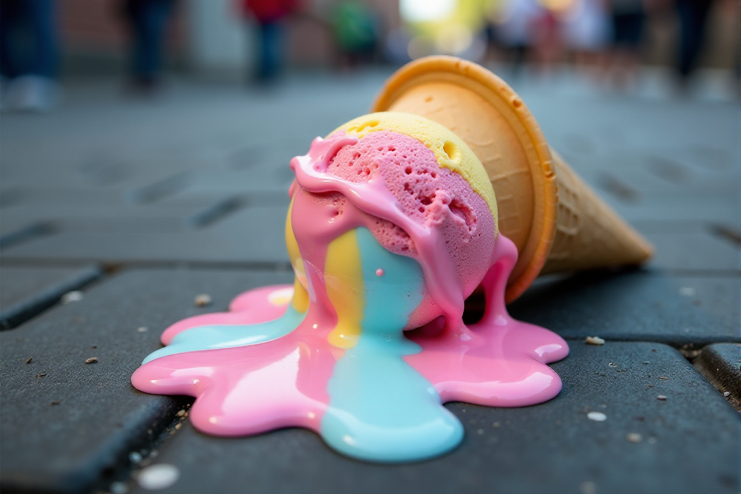 "A time-lapse of a melting ice cream cone, its drips tracing intricate patterns on the pavement. The colors are vibrant and saturated, the texture of the melting ice cream smooth and fluid. Focus on the ephemeral nature of pleasure, the beauty of decay, and the unexpected artistry of the melting process."âââ