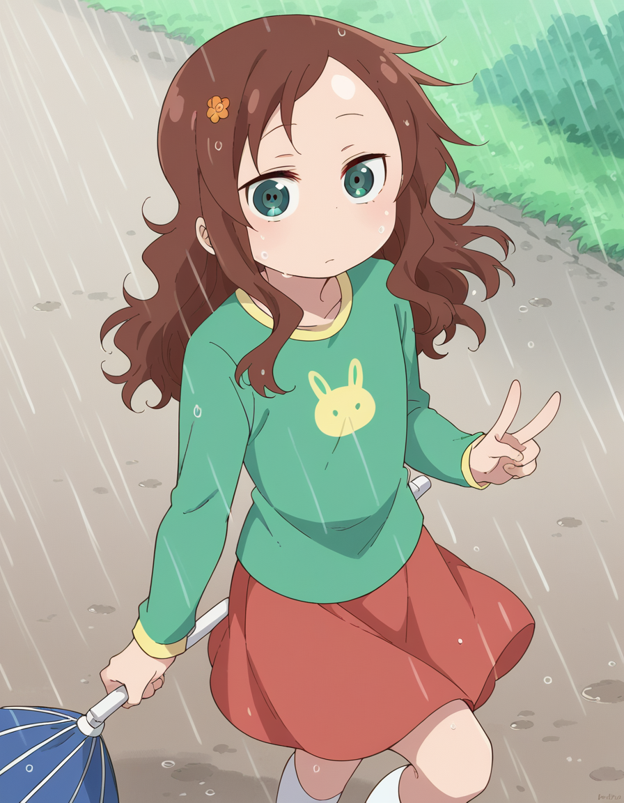 score_9, score_8_up, score_7_up, source_anime, <lora:riko-saikawa-s2-ponyxl-lora-nochekaiser:1>, riko saikawa, long hair, brown hair, green eyes, hair flower, hair ornament, flower,, skirt, shirt, long sleeves, red skirt, white socks, green shirt,, rainy day, umbrella, walking home, puddles, wet hair, , looking at viewer, v, v over eyes,, solo,, dutch angle,