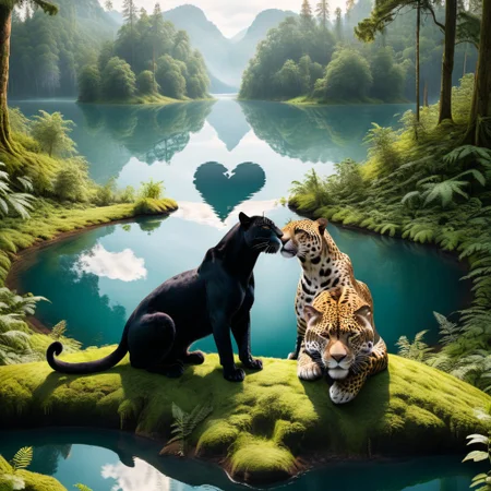 A panther and a jaguar laying together in the forest, (the negative space making an heart shape between them), looking out over a lake.
masterpiece, 8k, high definition