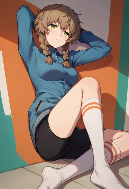 score_9, score_8_up, score_7_up, source_anime, amane suzuha, short hair, twin braids, green eyes, brown hair, blue jacket, black shorts, white socks, <lora:Amane Suzuha-000008:1>