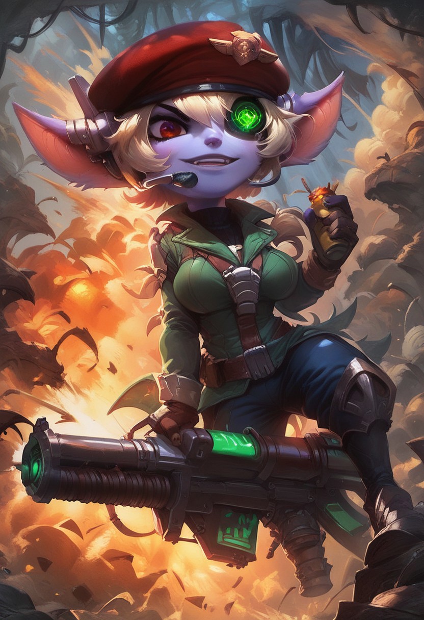 score_9, score_8_up, score_7_up, ultra quality, 1girl, ostristana, yordle, shortstack, purple skin, pointy ears, red eyes, eyepatch, green visor, headset, long jacket, blue pants, holding weapon, gun, red beret, big breasts, explosion, looking at viewer, jungle