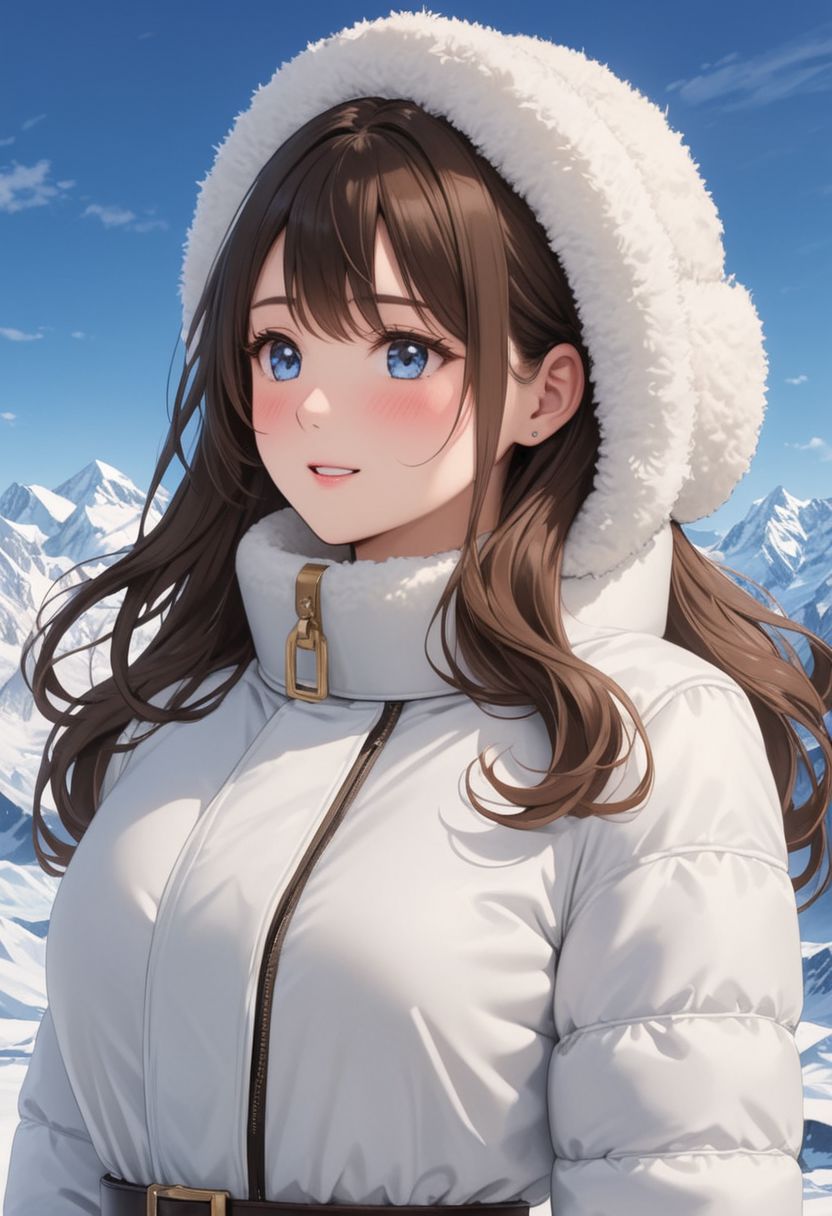 ((((white Oversized shearling down jacket)))), ((((white Oversized shearling puffer jacket)))), ((((white Oversized shearling winter clothes)))), ((((very very cold, in cold)))), ((((semi-realistic)))), ((((puffer hood)))), ((medium knee office skirt, pantyhose, boots)), ((((full body shot)))), ((sharp eyelid, eyeliner, eyelashes, beautiful detailed eyes, tsurime, long messy brown hair, blue eyes, perfect anatomy)), detailed fingers, solo, smile, standing, icefield, ((((masterpiece)))), ((((best quality)))), ((intricate details)), RAW, 8K UHD, (1girl), office lady, detailed face, beautiful face, charming, bonny, (((blush))), (((heavy breathing))), (((feels orgasm))), wind, (Thick padded collar:1.4), (TSH:1.4), (Thick padded cuffs:1.4)