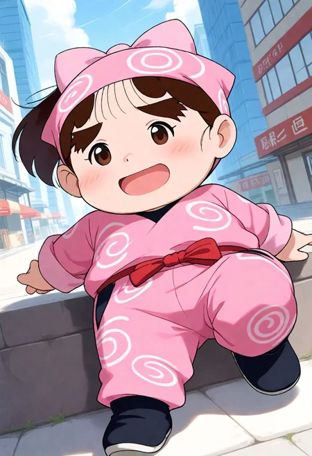 <lora:Hyper-SDXL-8steps-lora:1><lora:Fixhands_anime_bdsqlsz_V1:1>zPDXL2, score_9, score_8_up, score_7_up, source_anime, intricate details, perfect anatomy BREAK
1girl, solo, chibi, ookawashige, plump, pink hood, pink ribbon, brown hair, ponytail, thick eyebrows, black eyes, blush stickers, pink ninja, ookawashige outfit, black shoes, 
close up, on back, Relieved, Mouth turned up slightly, eyes wide open, and a relaxed jaw.,
outdoors, city, tokyo, japan,
<lora:ookawashige_XL(pony)v11:1>