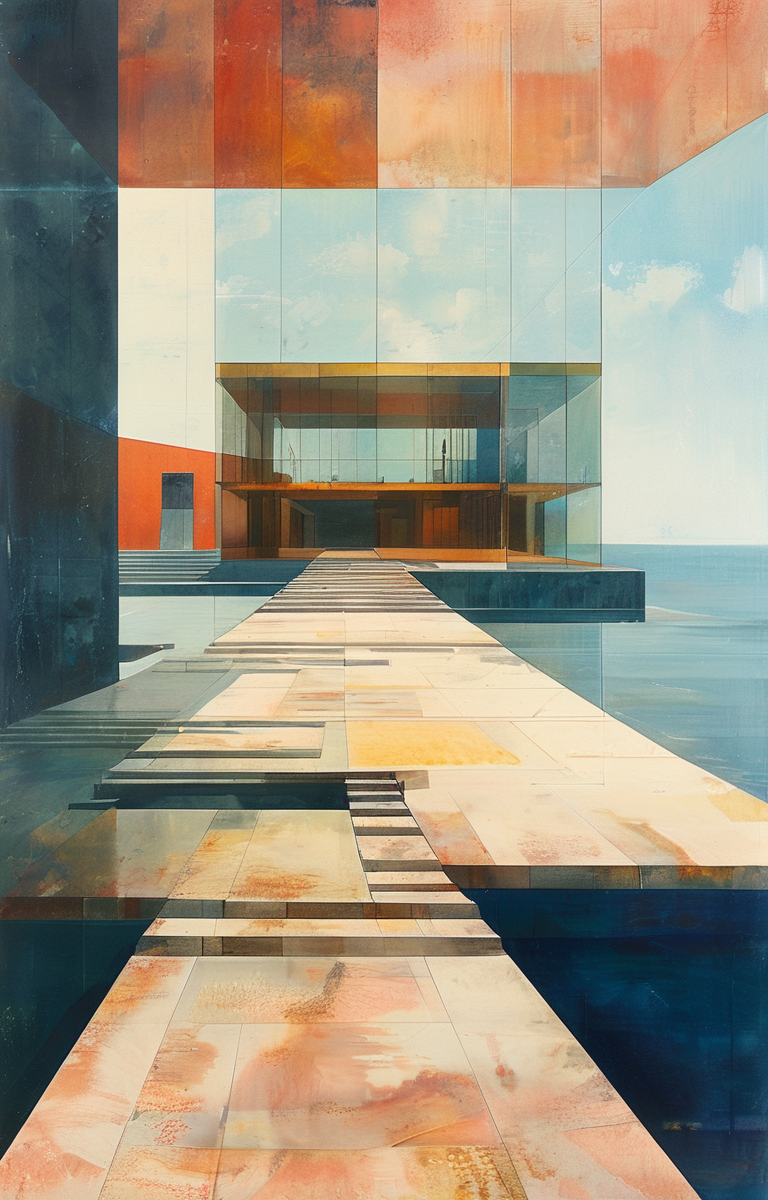 masterpiece,best quality,<lora:tbh311-sdxl:0.9>,illustration,designed by Rem Koolhaas Minimalist Japanese-inspired tea house by the sea, evoking the style of Tadao Ando