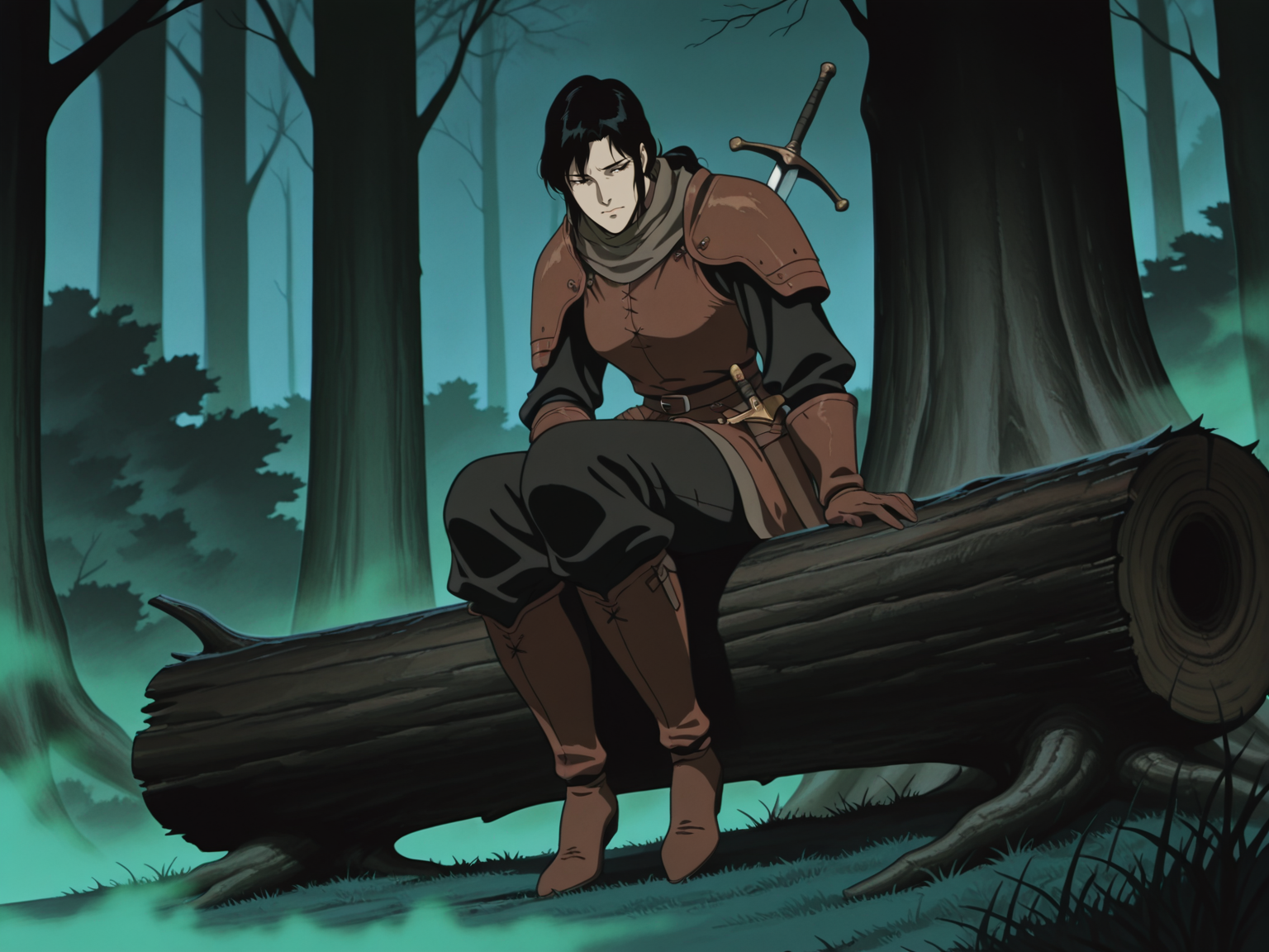 adult woman, sitting on tree log, black hair, grass, brown leather armor, brown gloves, forest, holding sword, dead black tree, fog, green fog, night, medieval, fantasy, solo,
, animation artstyle, <lora:ScrollDIL:0.8>, masterpiece, best quality, amazing quality, flat colors
