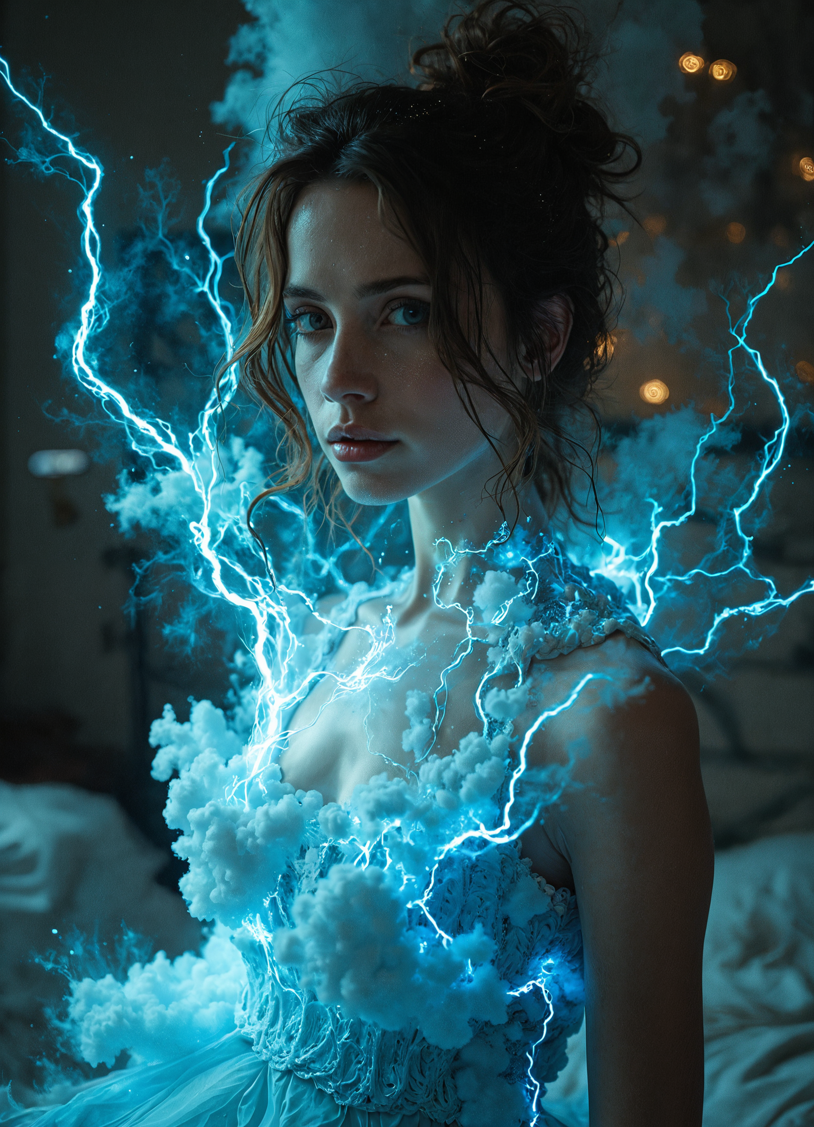 Hyper-realistic portrait of a woman wearing an ethereal dress composed of lightning, clouds, and fog. The dress appears to be alive, with tendrils of electricity crackling along its surface, illuminating the woman's pale skin with a blue-white glow. Wispy clouds swirl around her torso, forming a constantly shifting bodice, while delicate fog trails down to create a flowing skirt that fades into the air. Her hair is swept up in a windswept style, with strands lifting as if charged with static electricity. The woman's expression is intense and otherworldly, her eyes reflecting the storm contained within her garment.
The background is a softly blurred bedroom, rendered in warm, muted tones to contrast with the electric blue of the dress. Bokeh effects create floating orbs of light, suggesting bedside lamps or candles. The soft focus emphasizes the sharpness and detail of the foreground subject.
Dynamic lighting plays a crucial role, with the dress serving as the primary light source. Bright flashes illuminate the scene in rhythmic pulses, casting dramatic shadows that dance across the woman's face and the surrounding area. Softer, ambient light from the background creates a gentle rim lighting effect, separating the subject from the blurred setting.
Fine details are visible throughout, from the individual strands of hair lifting in the electrical field to the micro-expressions on the woman's face. Water droplets from the clouds catch the light, creating prismatic effects. The textures of the dress elements are hyper-detailed â the crisp edges of lightning bolts, the cotton-like puffiness of clouds, and the gossamer-thin wisps of fog, all blending seamlessly into one extraordinary garment.