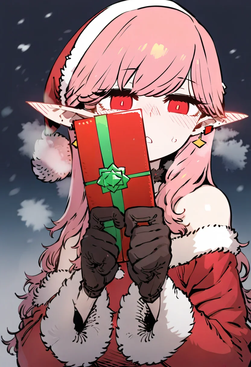 masterpiece, best quality,<lora:SSAMBAteaXL_ANI31_lokr_V53P1:0.95> 1girl, pointy ears, pink hair, hat, solo, gloves, blush, gift, red eyes, ear blush, christmas, santa hat, bare shoulders, snowing, holding, jewelry, black gloves, earrings, long hair, upper body, dress, holding gift, santa costume, fur trim, gift box, red dress, box, bangs, off shoulder