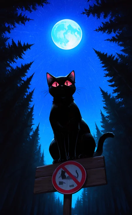 masterpiece, best quality, good quality, very awa, very aesthetic, absurdres, newest, black cat, solo, Sitting on a sign, red eyes, outdoors, sky, tree, no humans, night, animal, from below, moon, cat, star \(sky\), night sky, nature, full moon, starry sky, forest, sign, cat focus, road sign,
looking at viewer, drawing_style <lora:ponyv6_noobV1_2_adamW-000017:0.7> <lora:USNR_STYLE_XL_lokr:0.45> <lora:EtherSDXL:0.15> <lora:drawing_style_illustriousXL:0.6> <lora:namukijpg_ill:1>