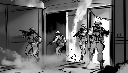 storyboard sketch of SWAT team breaching a door with explosives, wood splinters and smoke filling the air. <lora:storyboard sketch:0.8>