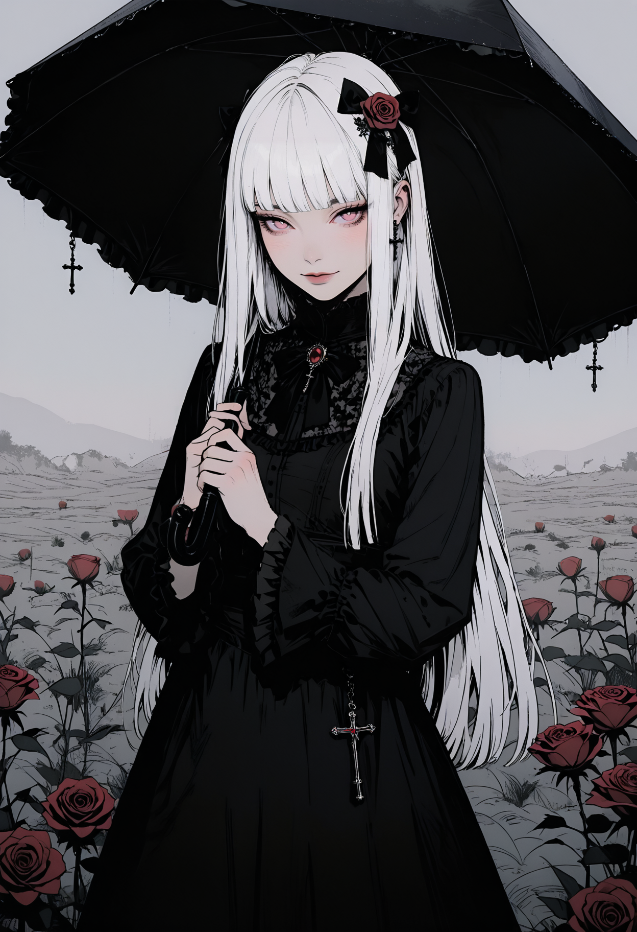 adult,
1woman,
masterpiece, newest,absurdres,incredibly absurdres, best quality, amazing quality, very aesthetic,
original,black bow,black dress,black umbrella,blunt bangs,blush,bow,bright pupils,closed mouth,cowboy shot,cross,cross earrings,dress,dress bow,earrings,flower,frilled sleeves,frills,grey background,hair bow,hair flower,hair ornament,hands up,holding,holding umbrella,jewelry,long hair,long sleeves,looking at viewer,pink eyes,red brooch,red flower,red rose,rose,sidelighting,simple background,smile,solo,straight hair,tsurime,umbrella,under umbrella,very long hair,white hair,wide sleeves,white pupil,frilled dreft, outdoors, flower field, peonies \(flower\), 
 <lora:GTHAN2:0.8> <lora:DRKWB:0.3> DRKWB <lora:Sinozick_style:0.4> Sinozick_illu,gradient,spot color