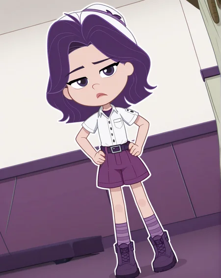 Sour_Grapes, 1girl, solo, purple hair, purple eyes, summer camp outfit, white hiking shirt, purple shirt, purple shorts, dark purple belt, white panama hat, purple striped socks, dark purple hiking boots, (Bored, dutch angle, Hands on hips,naughty pose, looking at viewer, indoors, elegant room, solo, dynamic pose, full_body, head tilt,),((white background, White frame, white outline))