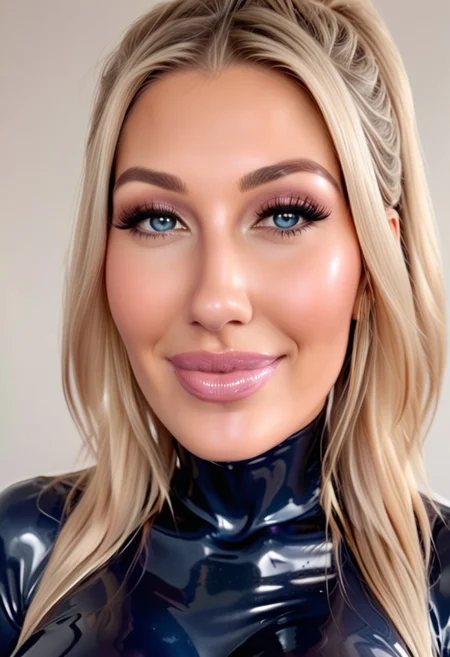 score_9, score_8_up, score_7_up, milf woman, focus on upper body (from above:1.3) perfect composition, closeup, busty, (huge fake breasts), standing, bodysuit under clothes, latex, tight mini latex clubbing dress, looking at viewer, deep blue eyes, shiny clothes, huge breasts, blonde hair slicked back, upper body, transparent latex, bodysuit, seductive smile,