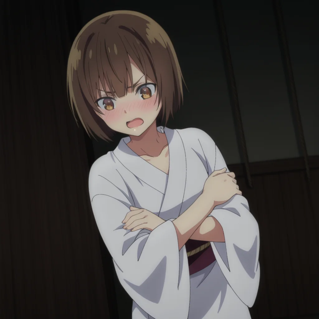 nsfw, masterpiece, best quality, 1girl, solo, seirei_gensouki_ruri, standing, japanese clothes, white kimono, kimono, blush, brown hair, open mouth, short hair, rope, brown eyes,bangs, collarbone, crossed arms, indoors, <lora:Ruri_-_Seirei_Gensouki:0.7>