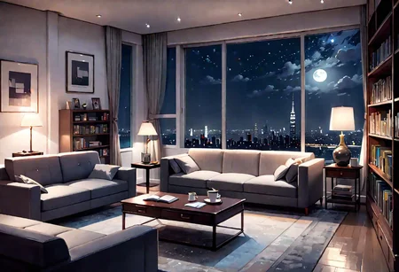 ((front view)), Shallow scene, ((animation style)), modern-style interior, with white walls, (large windows), a  study, Sofa, coffee table, bookcase, single wall, gloomy room, Turn off the indoor lights and turn on only the desk lamp, quiet and mysterious night sky, starry sky, moonlight, city night view, (City high-rise building scenery), (City scenery outside the window)
