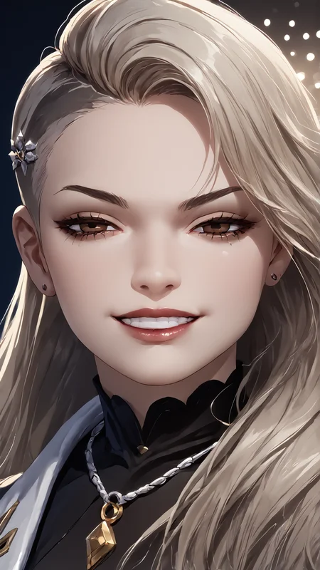 <lora:persona5_saeniijima_ponyXL:0.8> saeniijima, 1girl, grey-blonde hair, sidecut, undercut, long hair, medium breasts, makeup, lipstick, hair ornament, brown eyes, necklace, § necklace, <lora:RealisticAnime:0.8> (ultra realistic, 32k, masterpiece:1.2), (high detailed skin:1.1), (high quality:1.1), bokeh, luminescent background <lora:AnyasHehFaceMeme_XLPD:0.8> IncrsAnyasHehFaceMeme, grin, face focus,half-closed eyes,, score 9, score 8 up, score 7 up, score 6 up, score 5 up, score 4 up, BREAK,