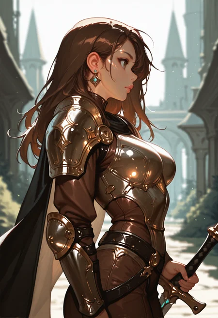 masterwork, masterpiece, best quality, dynamic lighting
1girl, weapon, sword, solo, armor, holding, holding weapon, holding sword, earrings, cape, jewelry, blurry background, shoulder armor, brown hair, blurry, breasts, medium breasts, long hair, , lips, pauldrons, profile, science fiction, outdoors, from side,