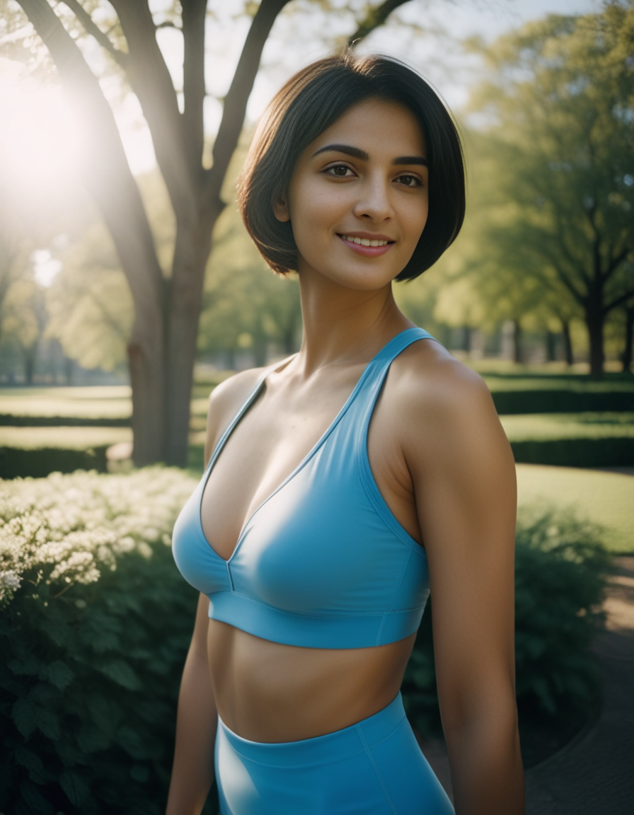analog film photo 1girl, extremely beautiful, raw photo of <lora:simLoraXL:1> simloraxl, stocky, black hair, short hair, medium breasts, a 32y.o. female, smile, (masterpiece, best quality, high quality, highres, ultra-detailed),
upper body shot, activewear in shades of SkyBlue, park in the background, global illumination, bright lighting.   . faded film, desaturated, 35mm photo, grainy, vignette, vintage, Kodachrome, Lomography, stained, highly detailed, found footage