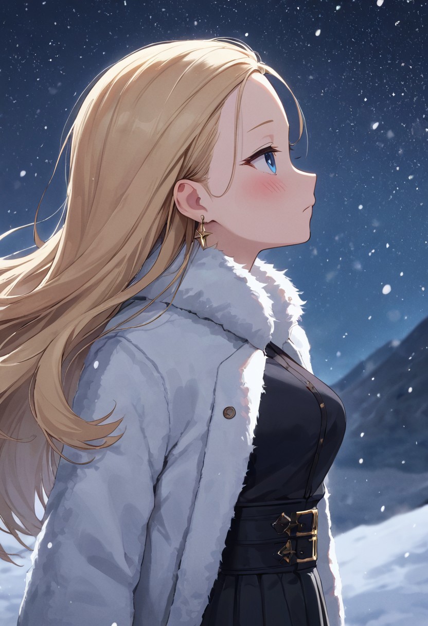 1girl, solo focus, score_9, score_8_up, score_7_up, intricate details, small face, medium breasts, long hair, blonde hair, blue eyes, straight hair, curtained hair, forehead, (blush:1.7), outdoor, tsurime, expressionless, fur-trimmed coat, black skirt, facing away, looking up, from side, night sky, stars, snowing, mountain in distance, cold, winter, earring, close-up