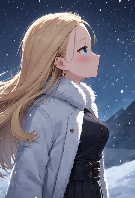 1girl, solo focus, score_9, score_8_up, score_7_up, intricate details, small face, medium breasts, long hair, blonde hair, blue eyes, straight hair, curtained hair, forehead, (blush:1.7), outdoor, tsurime, expressionless, fur-trimmed coat, black skirt, facing away, looking up, from side, night sky, stars, snowing, mountain in distance, cold, winter, earring, close-up