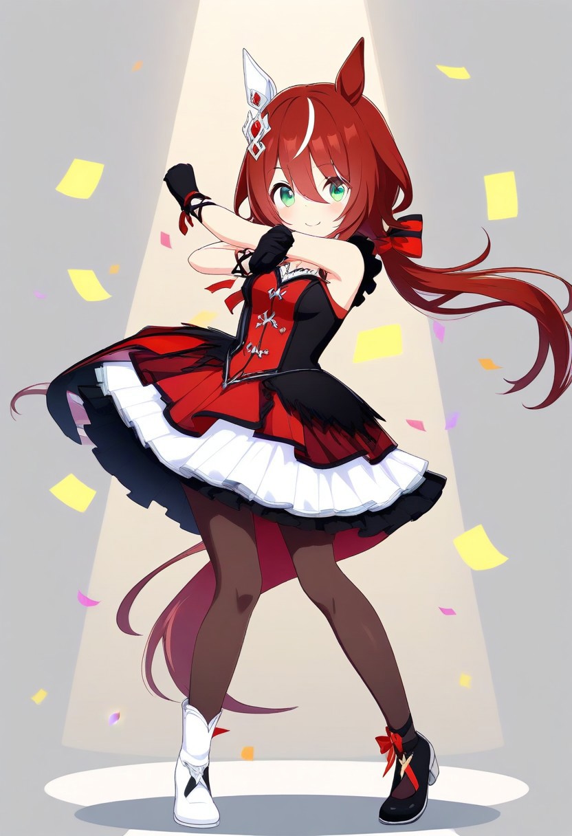 Jed-StickyN, confetti made of sticky notes, 
(win_variation_(umamusume), 1girl, solo, streaked_hair, tail, twintails, shobufuku,animal_ears, asymmetrical_footwear, black_gloves, black_shoes, brown_pantyhose, character_name, closed_mouth, dress, floating_hair, frilled_sleeves,  )
frills, gloves, green_eyes, grey_background, hair_between_eyes, hair_ornament, horse_ears, horse_girl, horse_tail, long_hair, low_twintails, mismatched_footwear, multicolored_hair, pantyhose, 
(pleated_skirt, red_dress, red_hair, shoes, short_sleeves, skirt, small_breasts, smile,  looking_at viewer, bangs, hair_between eyes, bare_shoulders, full_body, black_pantyhose, brown_gloves, dancing, red_spotlight, black_footwear, white_footwear, mismatch_footwear, dynamic_pose,  very_long_hair, white_background, white_hair, white_shoes, white_skirt : 0.7)
