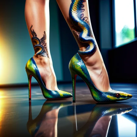 woman, leg free dress, high heels, snake tattoo on ankle, colorful tattoo, nsfw, rating_explicit, sdxl_fixl-art, masterpiece, best quality, detailed face, 4k, absurdres, <lora:sdxl_TattooZ_15_todel:0.4>