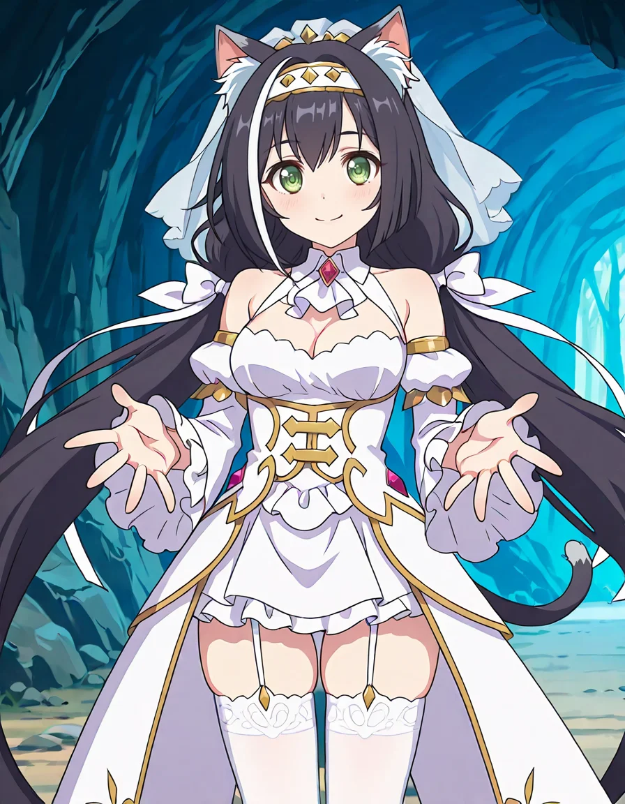 (karyl (princess),streaked hair,multicolored hair,black hair,white hair,very long hair,low twintails,white bow,bangs,hairband,green eyes,cat girl,animal ear fluff,cat ears,cat tail,white dress,veil,cleavage,bare shoulders,garter straps,white thighhighs,smile,1girl),cave,
looking at viewer,
medium breasts,
perky breasts,realistic proportions,natural looking breasts,explicit,hair between eyes,strong outlines,clean lineart,harsh lines,slim,curvy,(narrow waist:0.1), wide hips,thick thighs,detailed body,skindentation,matte skin,smooth skin,deep skin,soft brightness,detailed mouth,kawaii,moe face,
(anime screencap),(anime coloring:1.2),anime style, Japanese anime, cel-shading, clean lineart, vibrant colors, sharp facial features, 2D illustration, anime screencap style,anime background scenery,detailed linework,intricate details,(masterpiece,best quality,amazing quality),IllusP0s,(very aesthetic,absurdres:1.2),16k,highres,perfect hands,five fingers,detailed hands,
<lora:ããªã³ã»ã¹ã³ãã¯ãReDiveãã£ã«illustriousPrincess_Connect_ReDivekarylillustrious:1:0.8>
