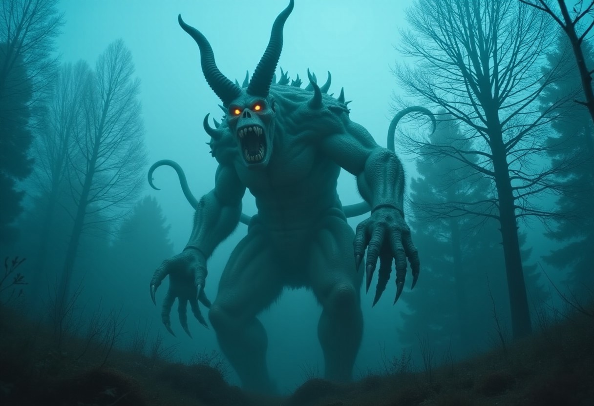 A fantasy monster towers in a misty forest setting. The creature features curved black horns, intensely glowing orange eyes, and a massive mouth filled with sharp teeth. The monster's pale, textured body is adorned with writhing tentacle-like appendages and massive clawed hands. The monster stands centered in the frame against a backdrop of bare trees shrouded in teal-colored fog. Individual trees are visible through the fog, their dark silhouettes creating layers of depth in the scene. Professional photograph with dramatic low-angle lighting and cinematic framing.