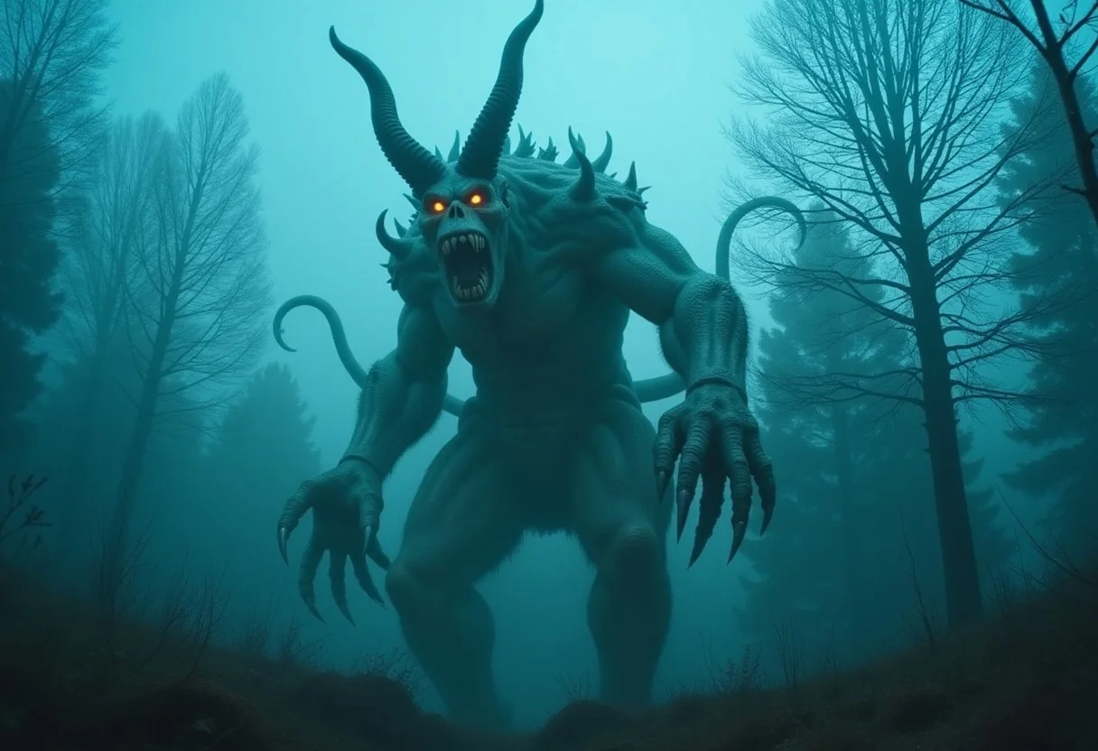 A fantasy monster towers in a misty forest setting. The creature features curved black horns, intensely glowing orange eyes, and a massive mouth filled with sharp teeth. The monster's pale, textured body is adorned with writhing tentacle-like appendages and massive clawed hands. The monster stands centered in the frame against a backdrop of bare trees shrouded in teal-colored fog. Individual trees are visible through the fog, their dark silhouettes creating layers of depth in the scene. Professional photograph with dramatic low-angle lighting and cinematic framing.