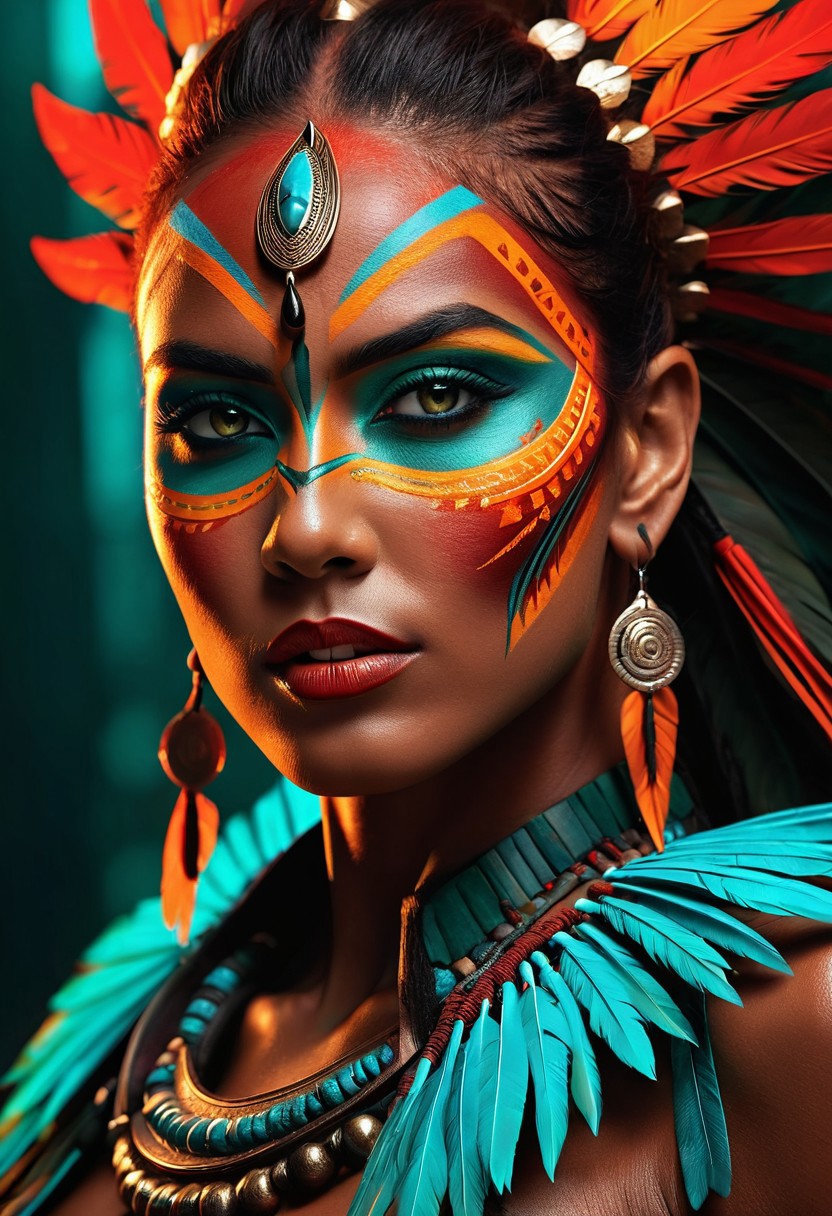 Hyperrealistic digital art. Mid shot. A strikingly beautiful warrior woman with tribal face paint and a vengeful, evil look in her eyes. Splash art, concept art. Intense, fiery red and orange hues dance across her face from a side light. Shadows accentuate her sharp jawline and facial structure. Vibrant, turquoise and emerald green tribal patterns on her skin glow with a mesmerizing sheen. Gritty textures, cinematic lighting, vivid colors, dynamic facial expression, 8k resolution, masterful concept illustration, emotion filled, Olivia De Berardinis styled skin tones, masterfully dramatic lighting, incredibly detailed