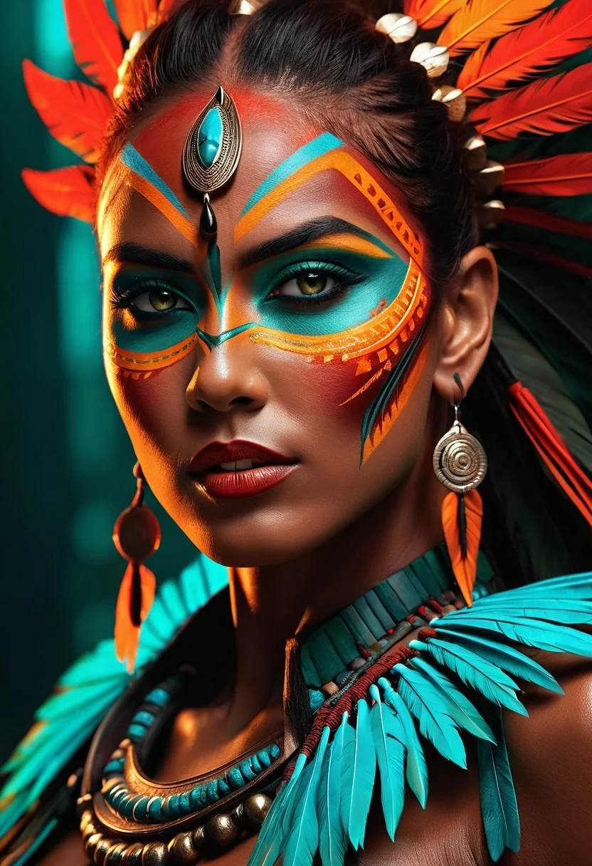 Hyperrealistic digital art. Mid shot. A strikingly beautiful warrior woman with tribal face paint and a vengeful, evil look in her eyes. Splash art, concept art. Intense, fiery red and orange hues dance across her face from a side light. Shadows accentuate her sharp jawline and facial structure. Vibrant, turquoise and emerald green tribal patterns on her skin glow with a mesmerizing sheen. Gritty textures, cinematic lighting, vivid colors, dynamic facial expression, 8k resolution, masterful concept illustration, emotion filled, Olivia De Berardinis styled skin tones, masterfully dramatic lighting, incredibly detailed