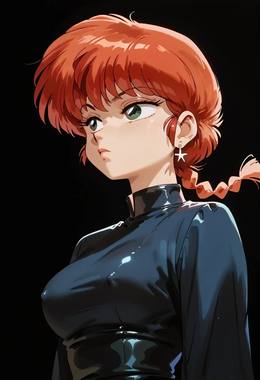 score_9, score_8_up, score_7_up, source_western_art, high res image, masterpiece, best quality, (dominant woman), medium breasts, round breasts, cute face, clear skin, shiny hair, dark background, latex dress, Focus from side, nipple bulge, skinny, wide hips, small waist, fit body,
Ranma, red hair, green eyes, earrings, expressionless