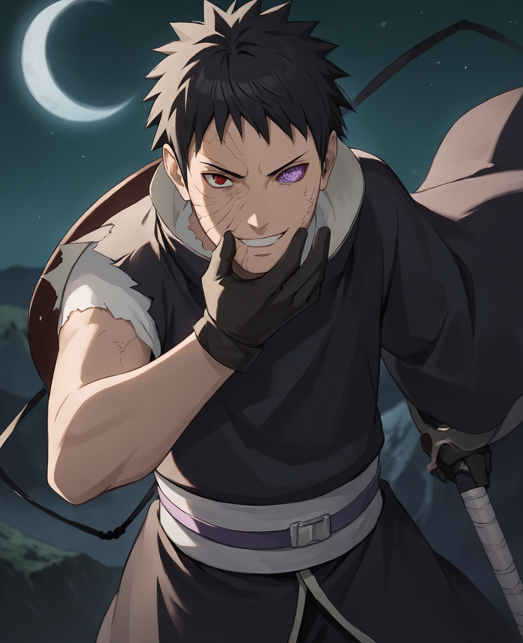 score_9,score_8_up,score_7_up,source_anime,rating_safe BREAK masterpiece,highres,best quality,high quality,dramatic angle,cinematic lighting,1boy,<lora:Obito_Pony_V2:1>,dim,night,moon,torn clothes,Uchiha Obito \(Ninkaitaisen\),ninkaitaisen,black robe,black gloves,looking at viewer,floating rocks,extremely detailed background,blurry background,mountains in distance,fan,fan \(weapon\),ribbon,portrait,close-up,holding,cowboy shot,white shirt,<lora:add-detail-xl:0.22>,<lora:flat_sdxl:-0.43>,sash,black pants,action pose,grasp,black hair,rinnegan,red eye,purple eye,sharingan,heterochromia,hand on own cheek,evil smile,teeth,short hair,scar,