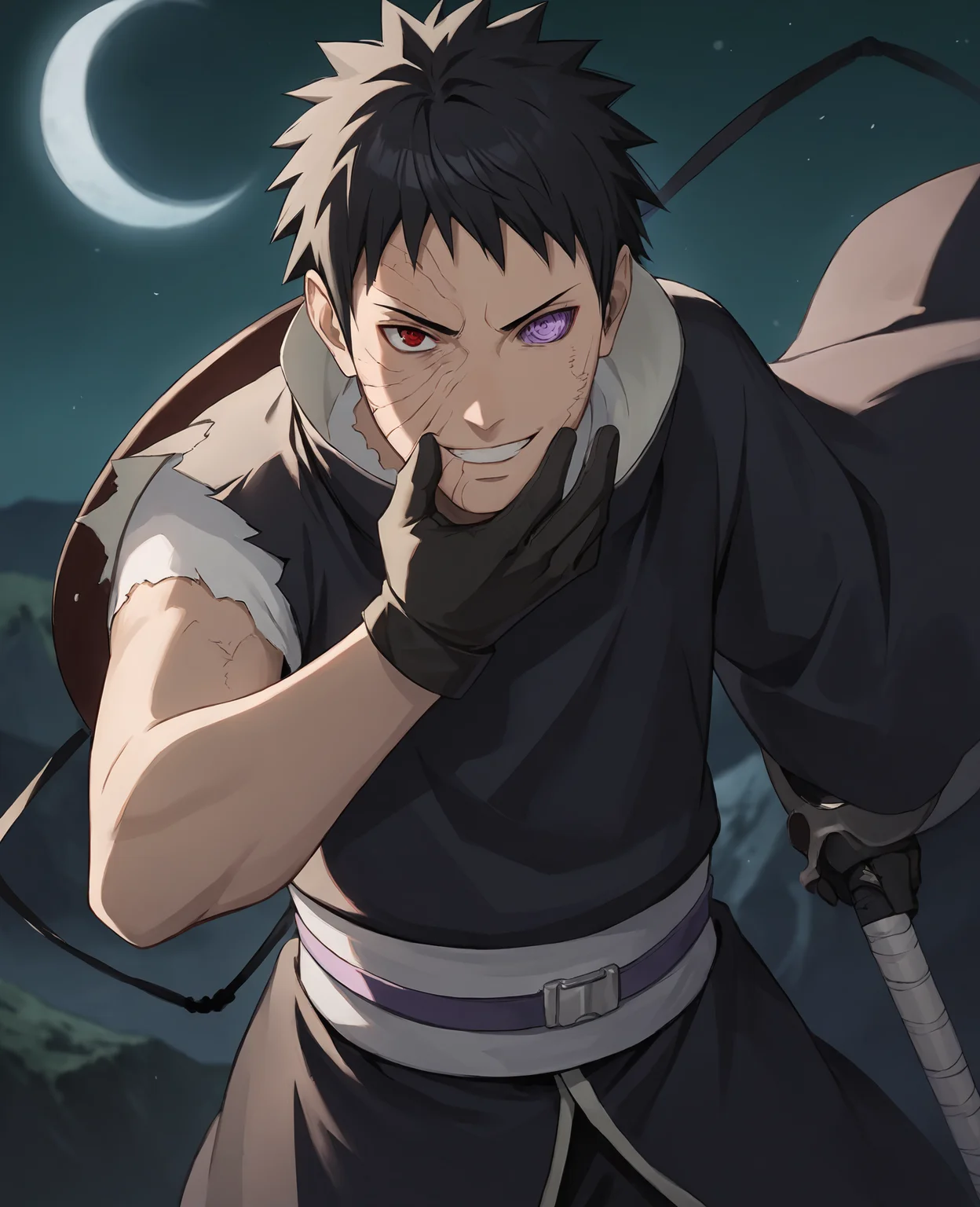 score_9,score_8_up,score_7_up,source_anime,rating_safe BREAK masterpiece,highres,best quality,high quality,dramatic angle,cinematic lighting,1boy,<lora:Obito_Pony_V2:1>,dim,night,moon,torn clothes,Uchiha Obito \(Ninkaitaisen\),ninkaitaisen,black robe,black gloves,looking at viewer,floating rocks,extremely detailed background,blurry background,mountains in distance,fan,fan \(weapon\),ribbon,portrait,close-up,holding,cowboy shot,white shirt,<lora:add-detail-xl:0.22>,<lora:flat_sdxl:-0.43>,sash,black pants,action pose,grasp,black hair,rinnegan,red eye,purple eye,sharingan,heterochromia,hand on own cheek,evil smile,teeth,short hair,scar,
