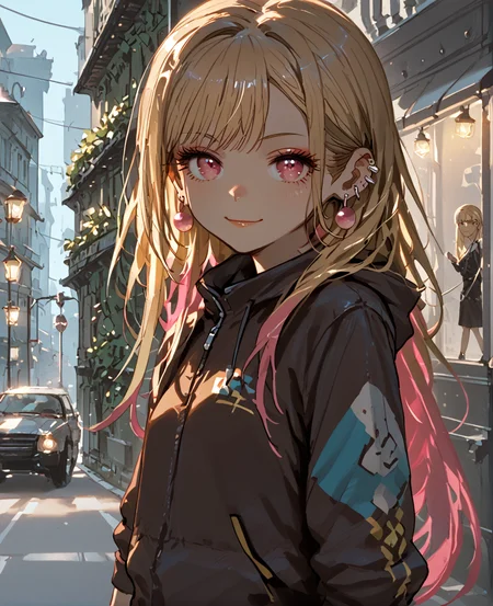 PonyScores7, source_anime, ah1, <lora:natsumi_style:1>, BREAK 1girl, (smirking at viewer), (hand glasses), (Parade Route Prep Area, Bustling street with barricades being set up, workers adjusting streetlights and traffic signals, a fleet of vehicles carrying floats and performers, volunteers distributing flyers and route maps, a platform for announcers to broadcast live), looking at viewer, (<lora:Marin_Dress_up_Darling_V1:0.8> KJOmarin, blonde hair, long hair, pink eyes, earrings, ear piercing,), BREAK <lora:xl_more_art-full_v1:0.2>, <lora:shinyskin2:0.2> glistening skin, <lora:aesthetic_anime_v1s:0.2>, <lora:Expressive_H:0.2> Expressiveh, <lora:hairdetailpxl:0.2> hairdetailpxl, <lora:EpicF4nta5yXL:0.2>, <lora:detailxl:0.2> detailxl, <lora:Fant5yP0ny:0.2>, best quality, amazing quality, best aesthetic, absurdres, <lora:expressive eyes:0.2> expressive eyes, <lora:eyedetailpxl:0.2> eyedetailpxl, illustration, Volumetric_Lighting, ultra-detailed, very aesthetic, intricate details, 8k, masterpiece, best_quality, BREAK (Cowboy shot), BREAK <lora:Eyes_High_Definition:0.3> EyesHD, Stable_Yogis_PDXL_Positives, AS-Adult, <lora:Complicated fantasy portrait - XL Pony V2.0:0.4>, bad-hands-5,