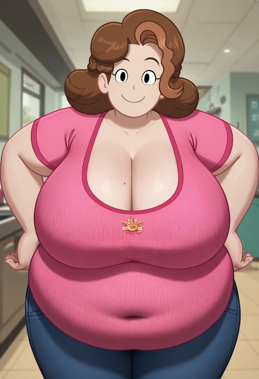 (score_9 | score_8_up | score_7_up) ((masterpiece:1))(best quality,very high quality,ultra detailed:1.2) (2D,cartoon style,anime style)(Smooth:2)(clean blurring) (four fingers on each hand,one thumb on each hand:1),1female,sole female,black eyes,perfect face,accurate,screencap,looking at viewer,,dot eyes,huge breasts,bbw,fat,,huge belly,fat belly,brown hair,pink shirt,pants,smile,full clothed,hands on hips,cleavage