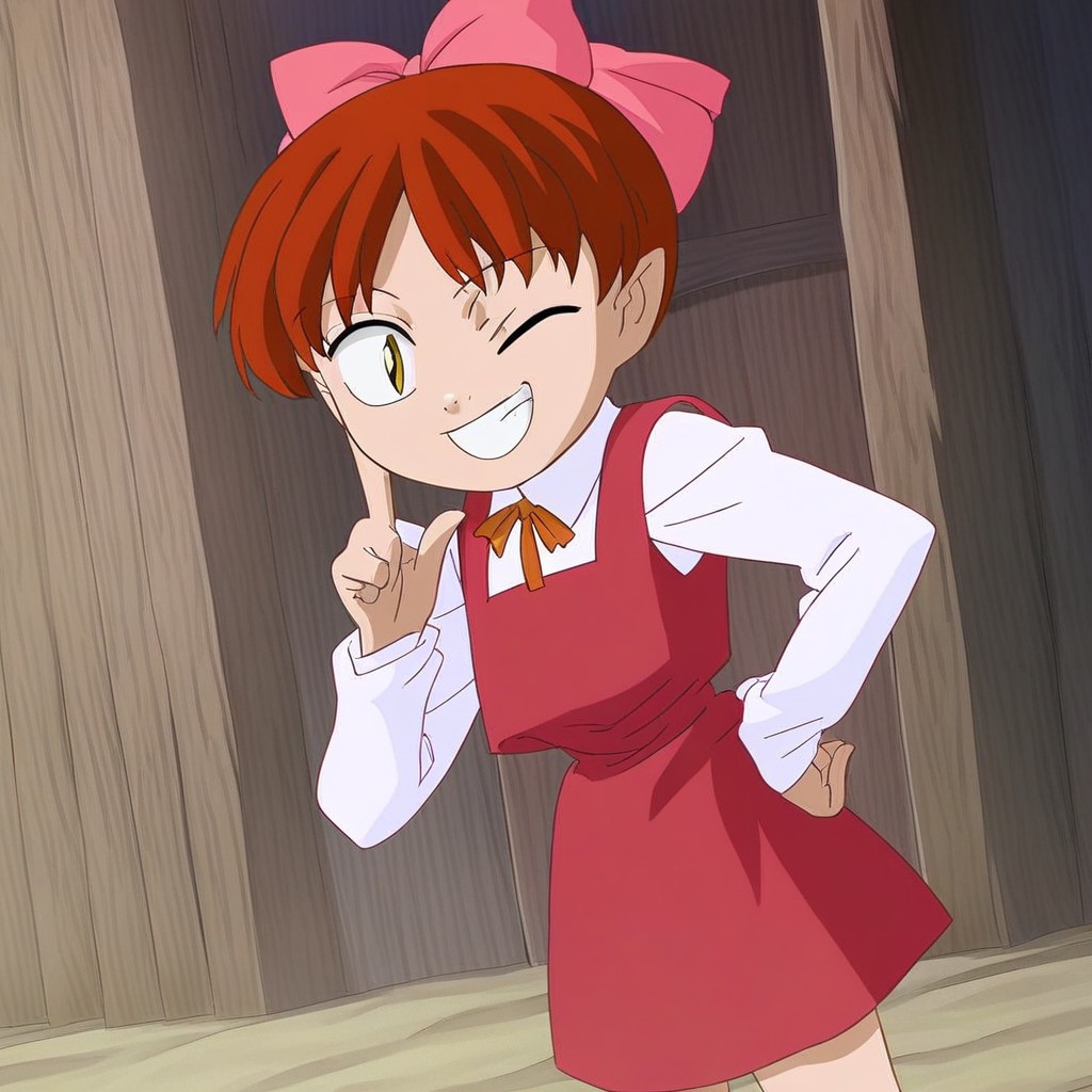 source_anime, 1girl, solo, neko2007, auburn hair, pink bowtie hair, yellow eyes, pink shoes, dark red pinafore dress, tsurime, white long-sleeve collared shirt, brown neck bowtie, wink_eye, looking at viewer, smile, teeth, youkai village, hand on hip, outdoors