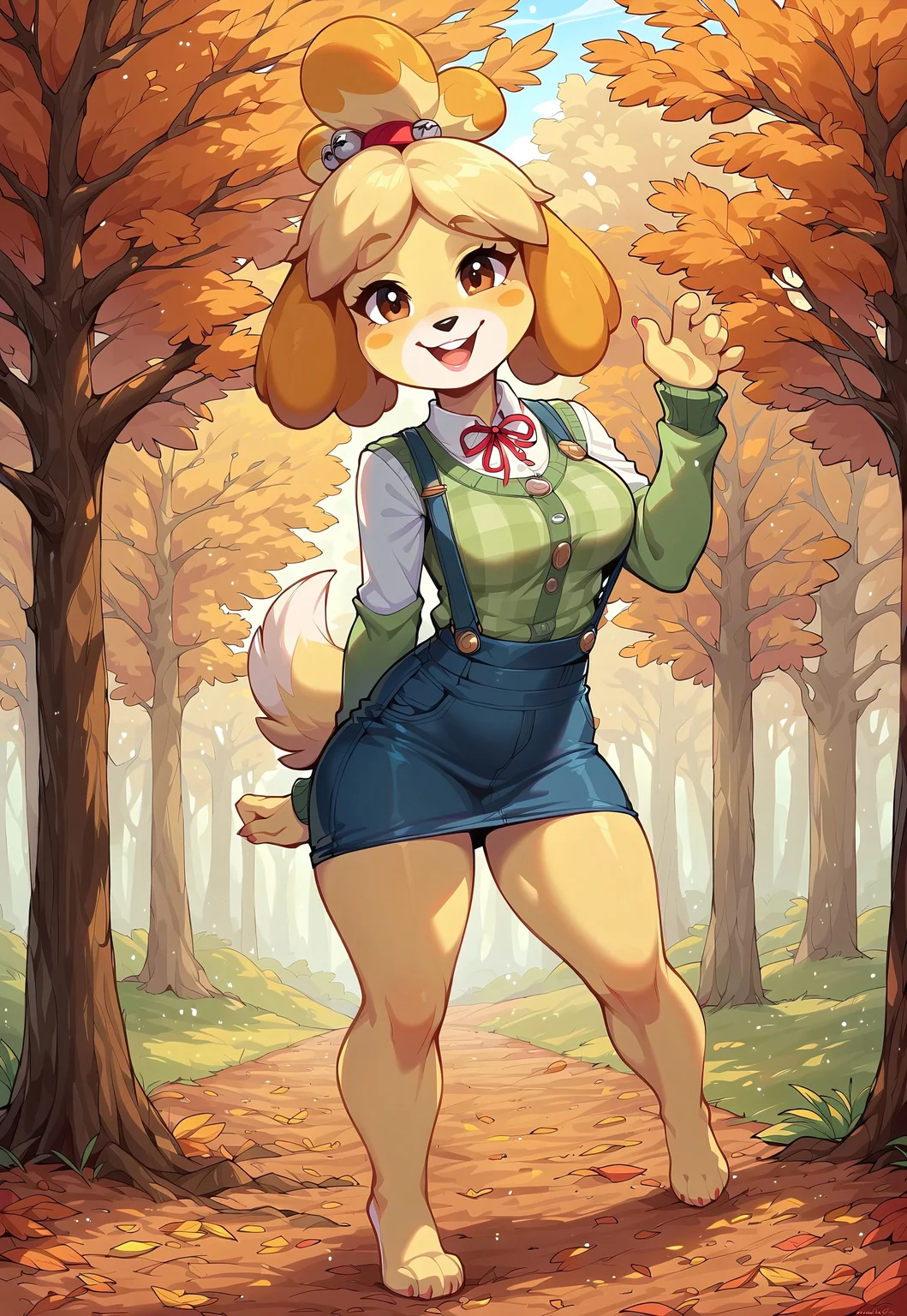 masterpiece, score_9_up, score_8_up, score_7_up, score_6_up, source_furry, (best quality:1.1), ultra-detailed, high resolution, solo, highly detailed macro illustration, solo, isabelle \(animal crossing\), small body, (beautiful detailed eyes), (cute expression, happy face:1.1), green sweater, pants BREAK chestnuts, looking at viewer BREAK outside, autumn, autumn trees, warm sunlight, Highly Visible, (8k), sharp focus, perfect lighting, anatomically correct, extremely detailed, high detail, Expressiveh, detailed background, OverallDetail, zPDXL3