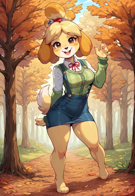 masterpiece, score_9_up, score_8_up, score_7_up, score_6_up, source_furry, (best quality:1.1), ultra-detailed, high resolution, solo, highly detailed macro illustration, solo, isabelle \(animal crossing\), small body, (beautiful detailed eyes), (cute expression, happy face:1.1), green sweater, pants BREAK chestnuts, looking at viewer BREAK outside, autumn, autumn trees, warm sunlight, Highly Visible, (8k), sharp focus, perfect lighting, anatomically correct, extremely detailed, high detail, Expressiveh, detailed background, OverallDetail, zPDXL3