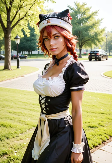 score_9, score_8_up, score_7_up, score_6_up, score_5_up, score_4_up, ((lupusregina beta)), (brown skin:1.3), yellow eyes, red hair, twin braids, black headwear, hat, solo, maid dress, maid skirt, black choker BREAK park, angled shot, dynamic pose, dynamic angle