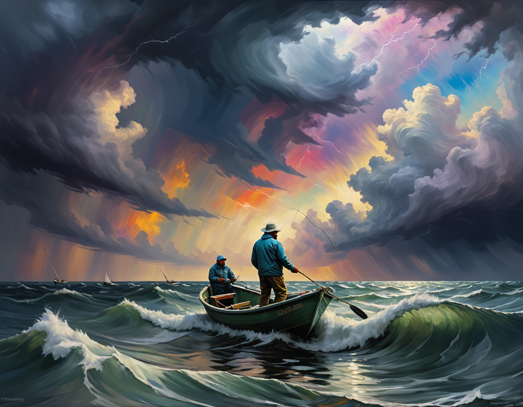 an impressionistic artwork LSD Trip an fisherman on open see in a stormy see ,colorful sky