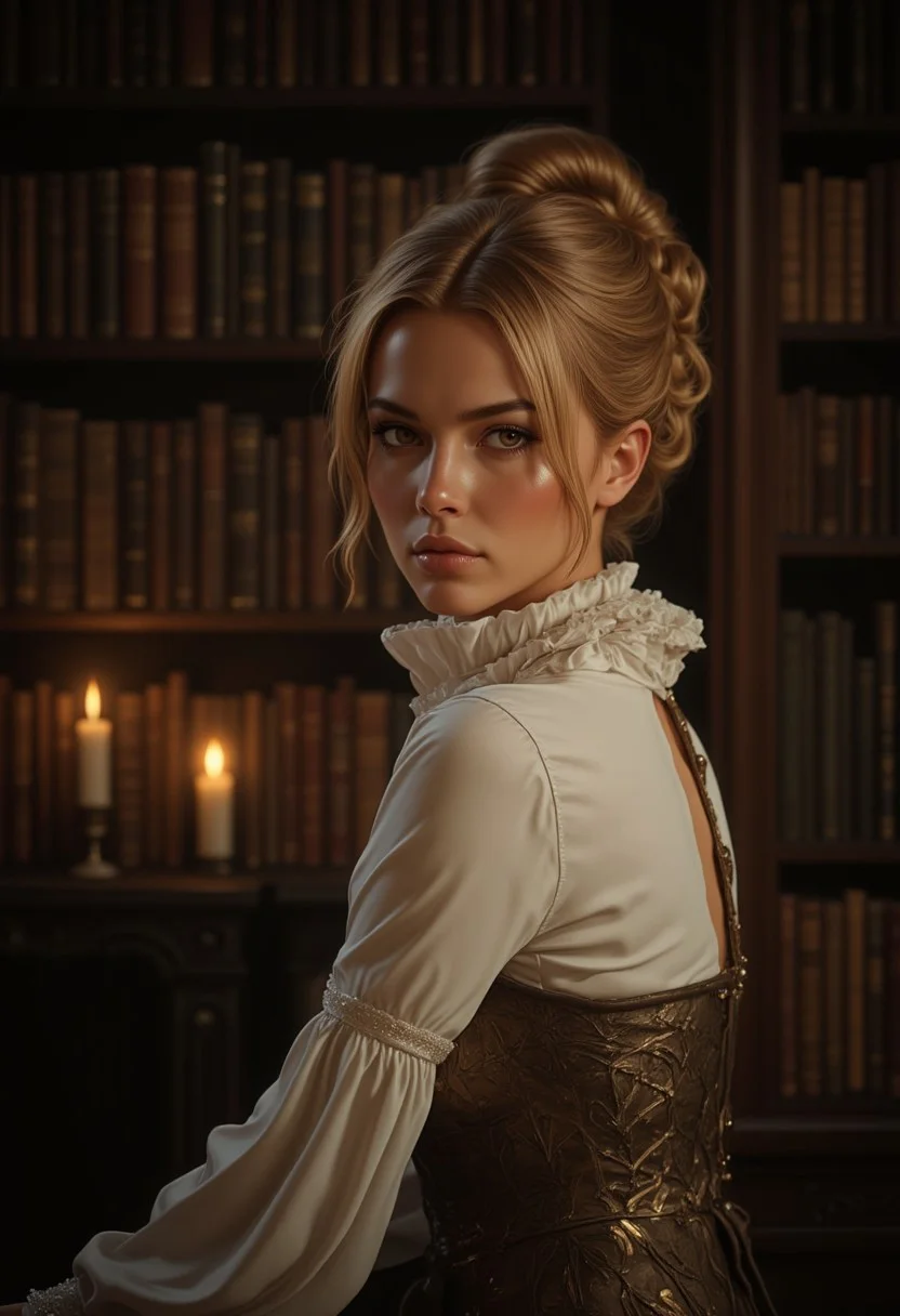 A woman seated in a dimly lit library, her golden hair elegantly styled into a bun, wearing an elaborate white ruffled collar and a fitted, leaf-patterned bodice with metallic accents. The surrounding shelves are filled with aged, leather-bound books, casting deep shadows that frame her face. The light softly illuminates her thoughtful expression, emphasizing her piercing eyes as she looks at the viewer. A faint candlelight glow highlights the texture of her garments, creating a mood of mystery and intellectual intrigue.