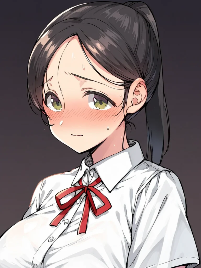 score_9, score_8_up, score_7_up,
1girl, Yoshizawa akane, black hair, ponytail, huge breasts, green eyes, forehead,
black background, upper body, white shirt, short sleeves, neck ribbon, school uniform, blush, nervous, looking at viewer,